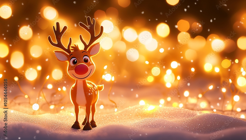 A vibrant orange Christmas lights backdrop highlights a cheerful cartoon reindeer on snowy ground. A vibrant orange Christmas lights backdrop highlights a cheerful cartoon reindeer on snowy ground.