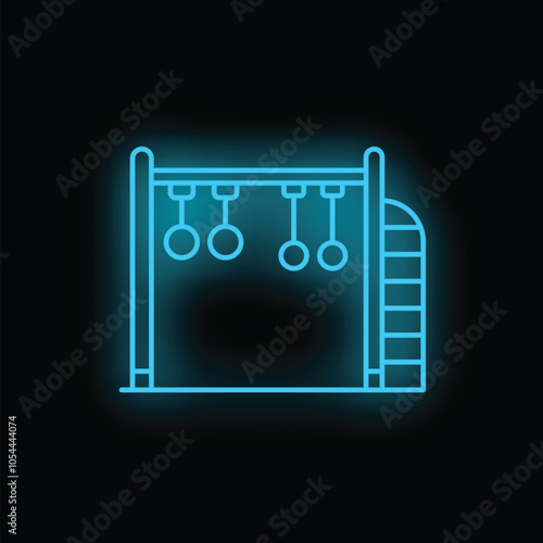 Glowing blue neon icon of a jungle gym structure, symbolizing outdoor play and childhood activities