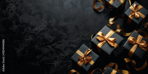 Black gift boxes with golden ribbons on a dark background, Black Friday sale banner, celebration, email and newsletter design.