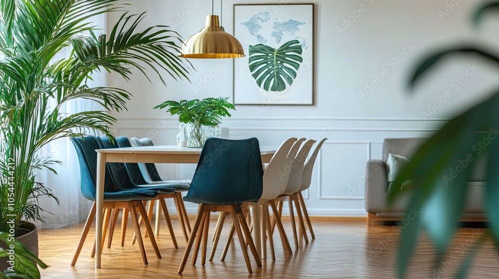 Fototapeta premium Stylish and eclectic dining room interior with mock-up poster map, sharing table design chairs, gold pendant lamp, and elegant sofa in the second space. White walls, wooden parquet. Tropical leaves 