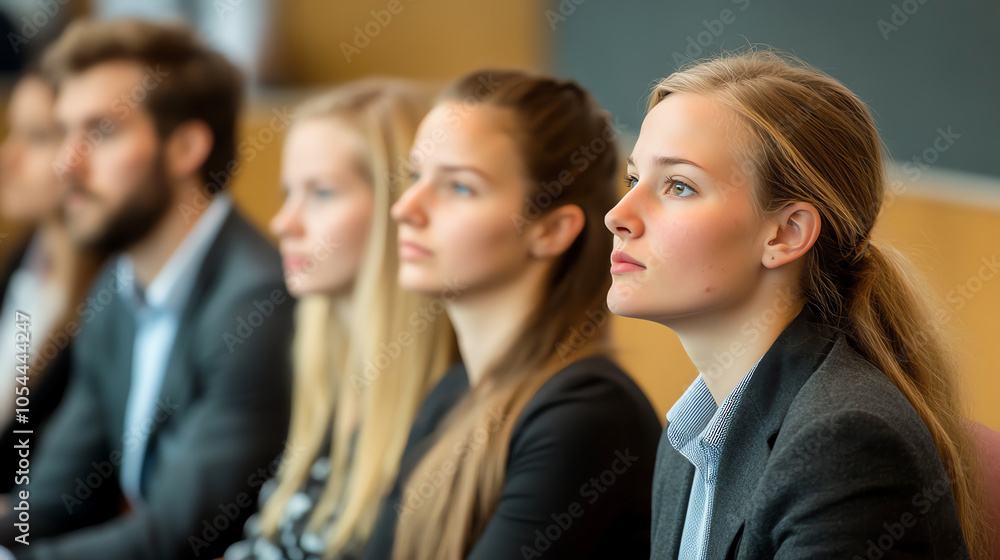 Group of businesspeople sitting in rows, focused on a presentation about career paths, seminar environment, career development Group of businesspeople sitting in rows, focused on a presentation about career paths, seminar environment, career development