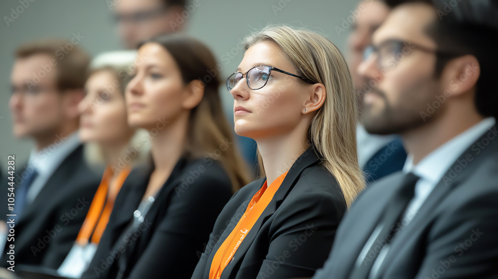 Group of businesspeople sitting in rows, focused on a presentation about career paths, seminar environment, career development Group of businesspeople sitting in rows, focused on a presentation about career paths, seminar environment, career development