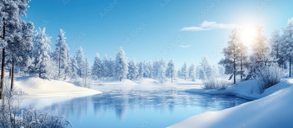 A serene winter landscape featuring a snow-covered forest, a frozen lake, and a clear blue sky with the sun shining through the trees. A serene winter landscape featuring a snow-covered forest, a frozen lake, and a clear blue sky with the sun shining through the trees.
