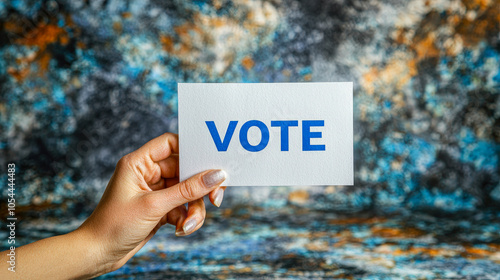 A hand displays a sign vote in bold blue letters while surrounded by a colorful, abstract backdrop photo