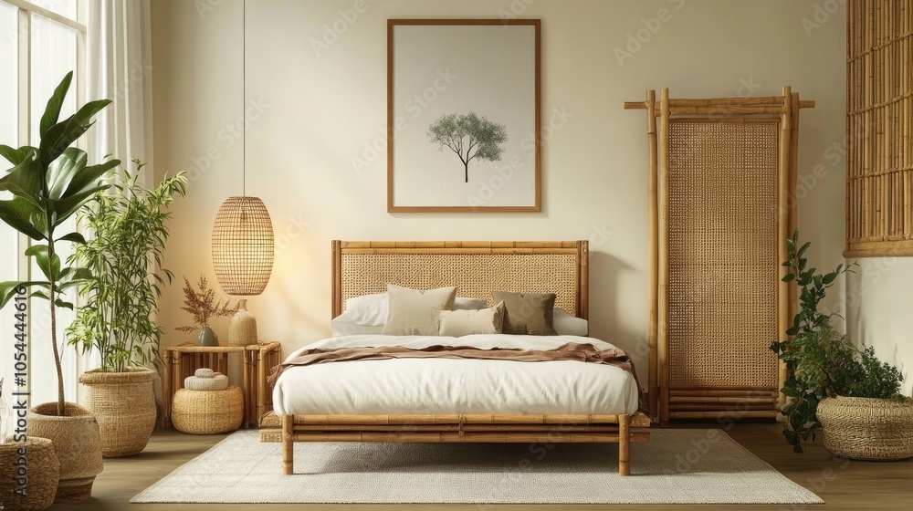 Stylish bedroom interior design with mock up poster frame, bamboo bed, night table, plants, folding screen and creative home accessories. Eucalyptus wall template Stylish bedroom interior design with mock up poster frame, bamboo bed, night table, plants, folding screen and creative home accessories. Eucalyptus wall template
