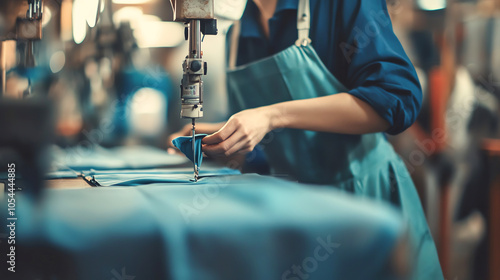 Seamstress sewing fabrics in a garment factory, demonstrating craftsmanship and industry, textile work, labour skills