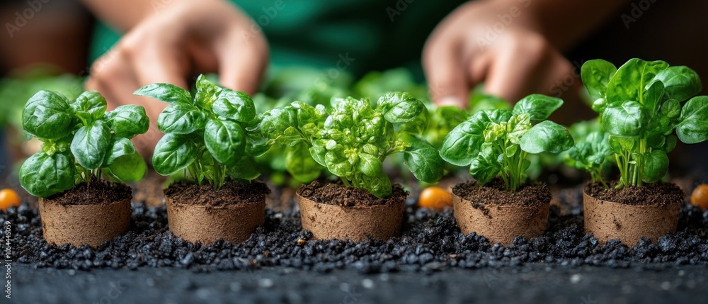 Fototapeta premium A Row of Freshly Planted Green Basil Seedlings in Peat Pots