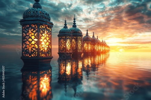 Series of ornate lanterns casting reflections on water during sunset creating a mystical ambiance in a serene lakeside setting with rich warm tones