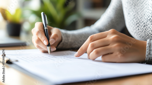 Person signing an insurance policy document at a desk, pen in hand, insurance paperwork, contract signing