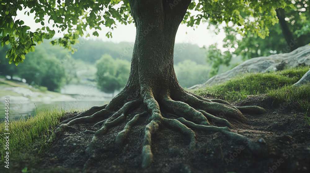 Fototapeta premium Tree with strong roots anchored deep into the ground, symbolizing stability and resilience, strength, foundations
