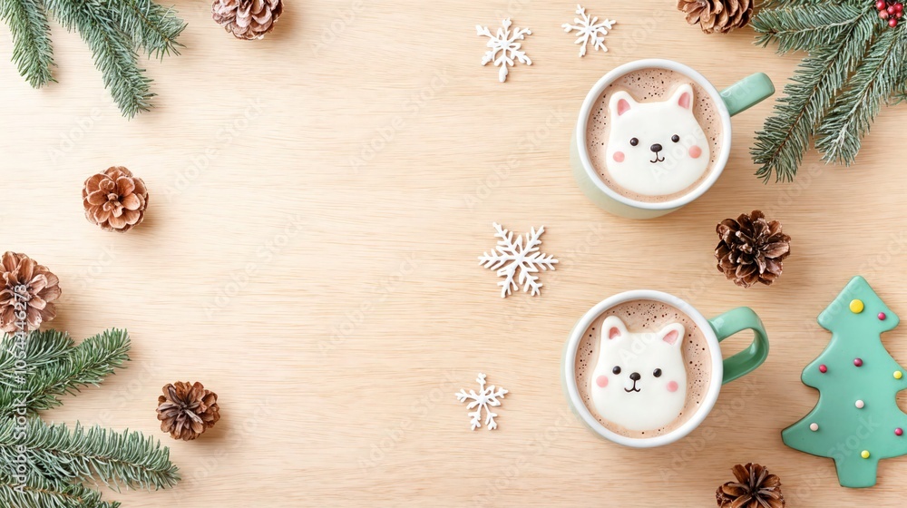 Two cups of hot chocolate with cute bear marshmallows, pine branches and snowflakes on wooden background for cozy winter atmosphere Two cups of hot chocolate with cute bear marshmallows, pine branches and snowflakes on wooden background for cozy winter atmosphere