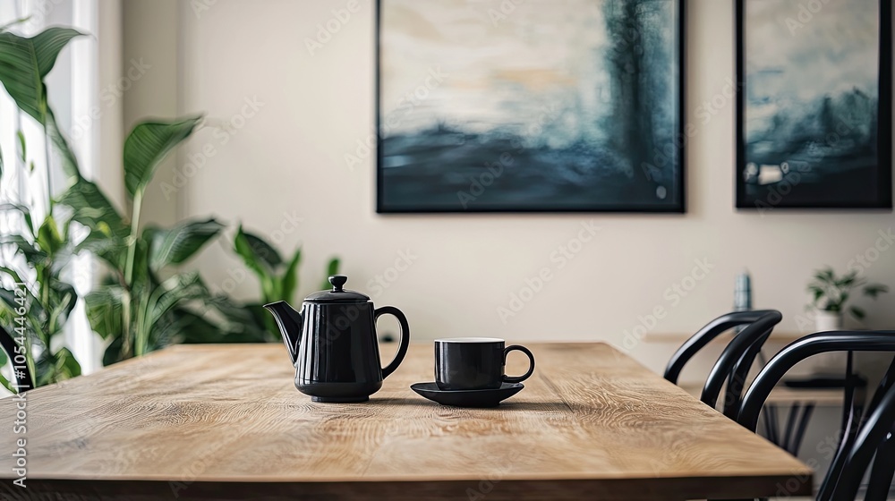 Stylish dining room interior with design wooden family table, black chairs, teapot with mug, mock up art paintings on the wall and elegant accessories in modern home decor template Stylish dining room interior with design wooden family table, black chairs, teapot with mug, mock up art paintings on the wall and elegant accessories in modern home decor template
