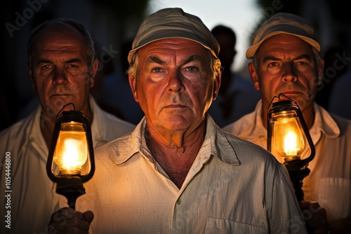 Elderly men holding lanterns in dim lighting creating a scene of resilience and solidarity with an atmosphere of history and mystery