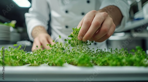 Wallpaper Mural Chef harvesting microgreens in a professional kitchen setting Torontodigital.ca