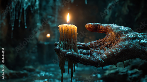 A candle in a scary hand in a dark, creepy cave