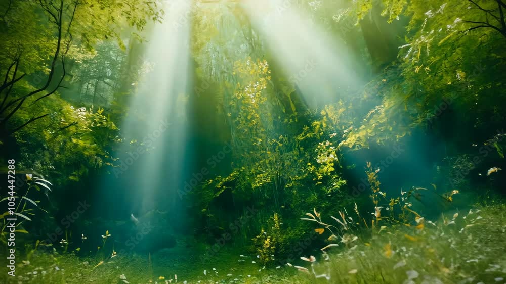 Sunlight streams through the dense canopy of a lush forest Sunlight streams through the dense canopy of a lush forest