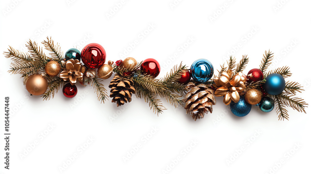 Festive garland decorated with small ornaments on a white background, studio shot Festive garland decorated with small ornaments on a white background, studio shot