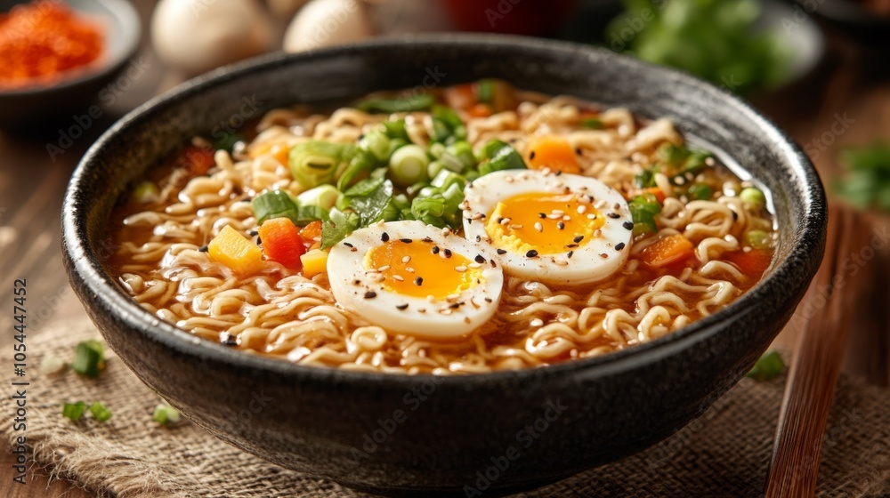 Delicious ramen bowl with eggs and fresh vegetables on wooden table Delicious ramen bowl with eggs and fresh vegetables on wooden table