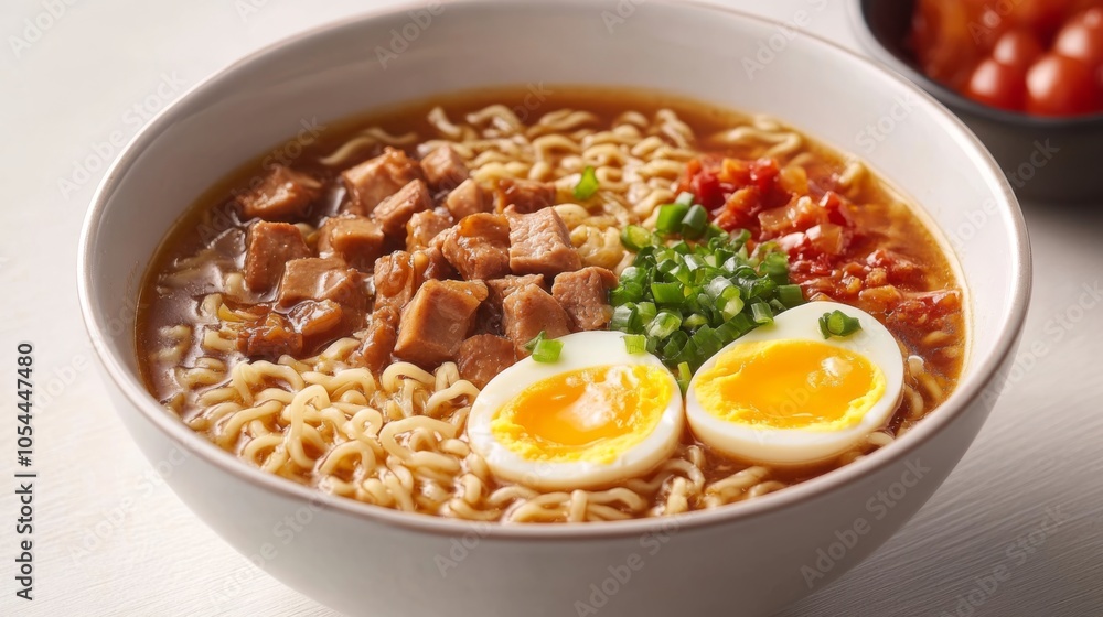 Delicious bowl of ramen with toppings and soft boiled eggs Delicious bowl of ramen with toppings and soft boiled eggs