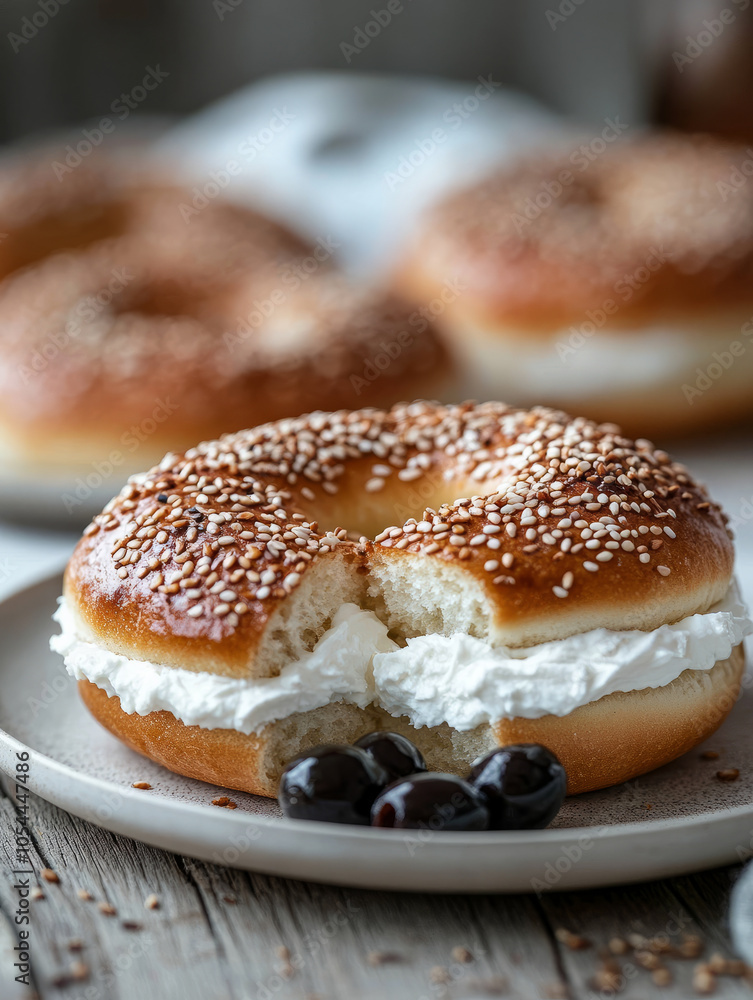 Sesame bagel with cream cheese and olives on a plate Sesame bagel with cream cheese and olives on a plate