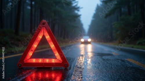 A red warning triangle on a wet road with a car approaching in the rain, signaling potential danger and the need for caution.