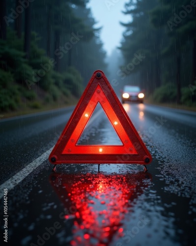 A red warning triangle on a wet road with a car approaching in the rain, signaling potential danger and the need for caution.