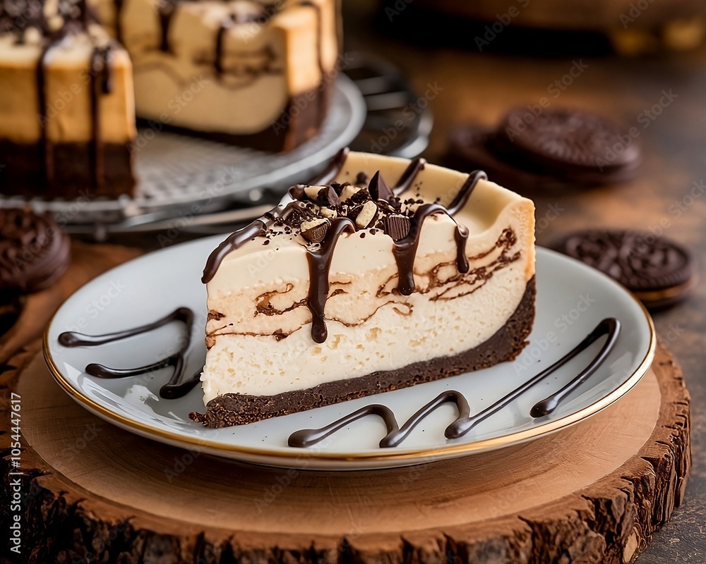 A slice of Baileys cheesecake with chocolate on a white plate A slice of Baileys cheesecake with chocolate on a white plate