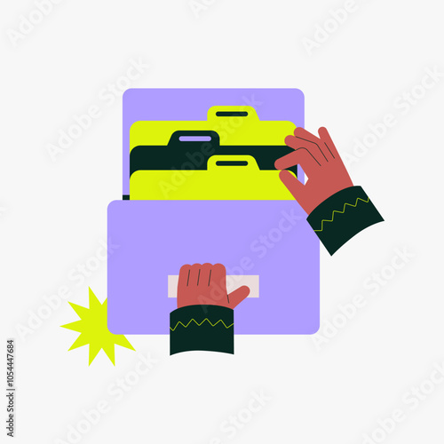 Hands managing files in a drawer, symbolizing document organization, data storage, business file management, and data folder, flat vector illustration isolated on white background