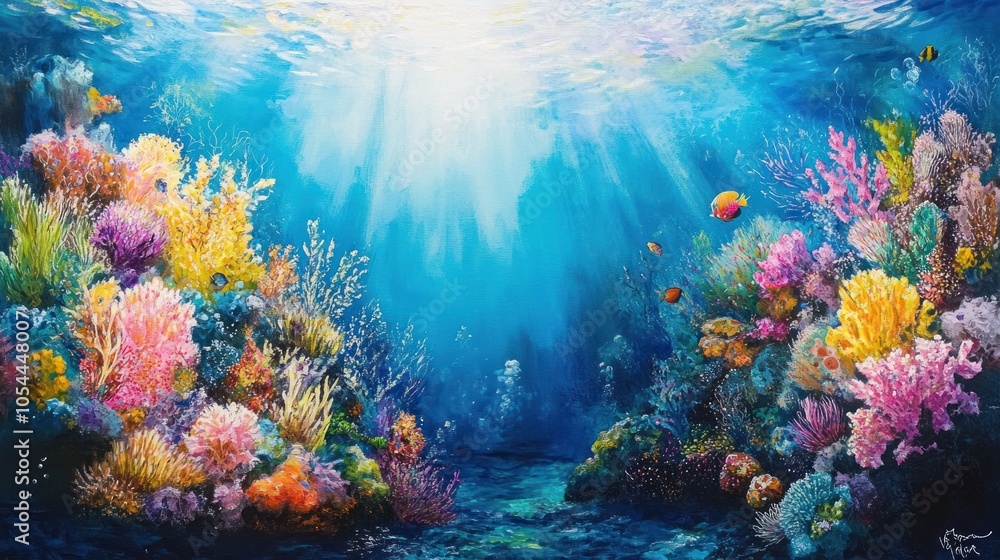 Naklejka premium A vibrant underwater scene with a coral reef teeming with colorful fish and sunlight breaking through the surface.