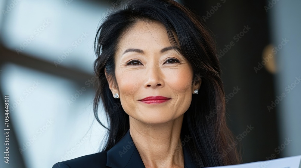 明るく自信に満ちた表情でビジネス服を着た力強い日本人女性