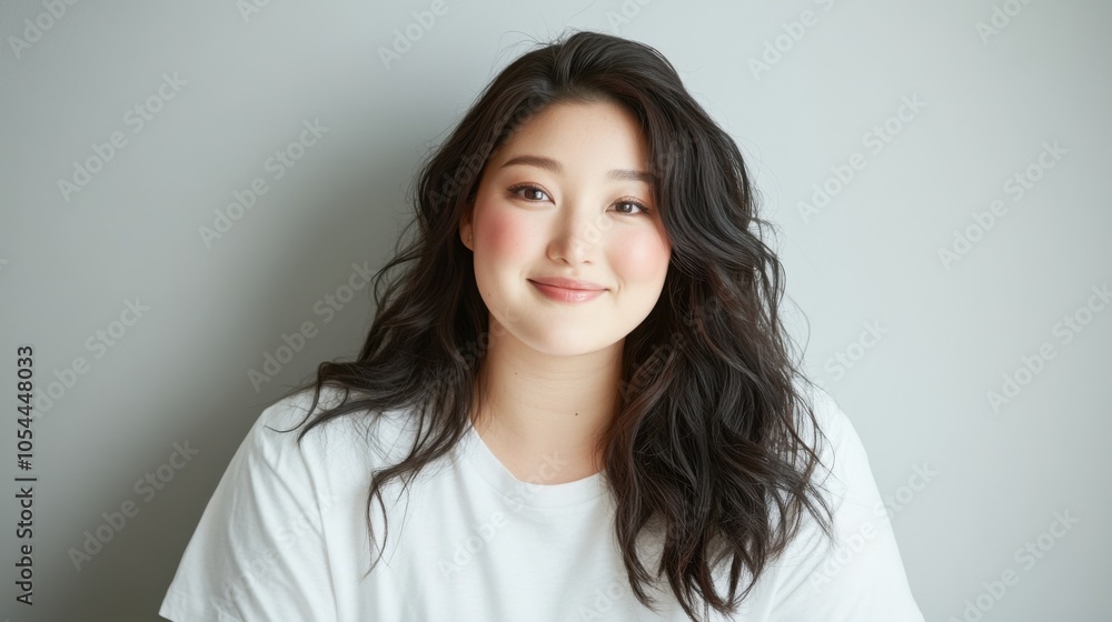 美しさと自信を抱く:カジュアルな服装で長い髪の笑顔の女性のポートレート 美しさと自信を抱く:カジュアルな服装で長い髪の笑顔の女性のポートレート