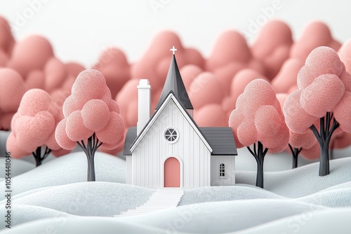 Illustrative scene of a cozy winter chapel surrounded by snowy pink trees conveying a whimsical and serene holiday ambiance photo