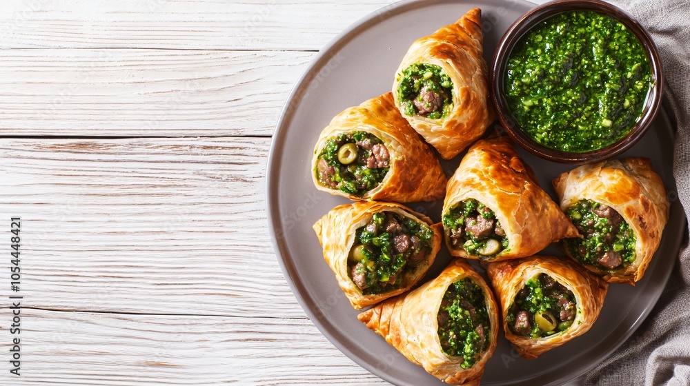Empanadas with a beef and olive filling, served on a gray plate, isolated on a light wooden background, with a bowl of green chimichurri sauce Empanadas with a beef and olive filling, served on a gray plate, isolated on a light wooden background, with a bowl of green chimichurri sauce