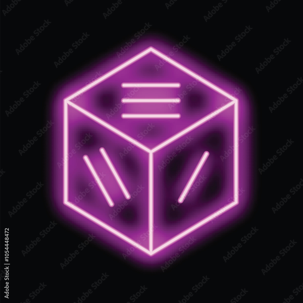 Purple neon hexahedron cube is glowing on a black background Purple neon hexahedron cube is glowing on a black background