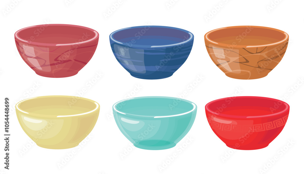 Set of deep plates with a beautiful pattern in a cartoon style. Vector illustration of different colored dishes, deep soup bowls, salad bowls with patterns, isolated on white background. Cookware. Set of deep plates with a beautiful pattern in a cartoon style. Vector illustration of different colored dishes, deep soup bowls, salad bowls with patterns, isolated on white background. Cookware.