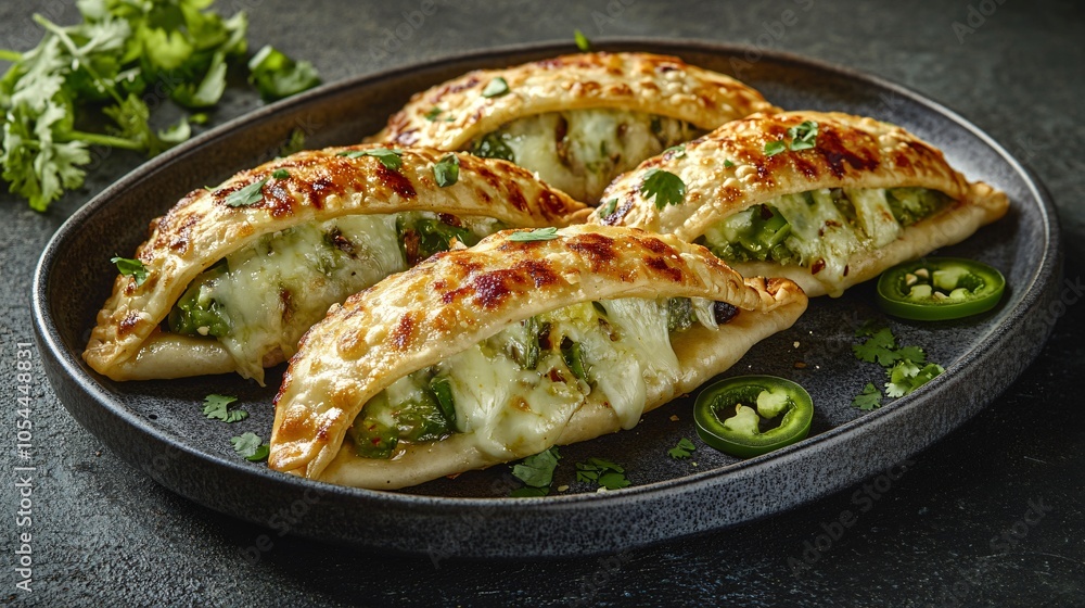 Green chili and cheese-stuffed empanadas, placed on a gray ceramic dish, isolated on a dark background, with sliced jalapeños and melted cheese Green chili and cheese-stuffed empanadas, placed on a gray ceramic dish, isolated on a dark background, with sliced jalapeños and melted cheese