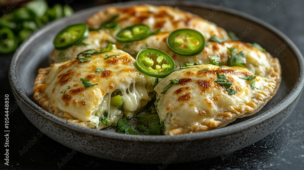 Green chili and cheese-stuffed empanadas, placed on a gray ceramic dish, isolated on a dark background, with sliced jalapeños and melted cheese Green chili and cheese-stuffed empanadas, placed on a gray ceramic dish, isolated on a dark background, with sliced jalapeños and melted cheese