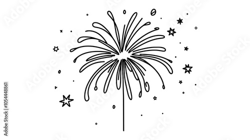 One continuous line illustration of fireworks, isolated on white background.