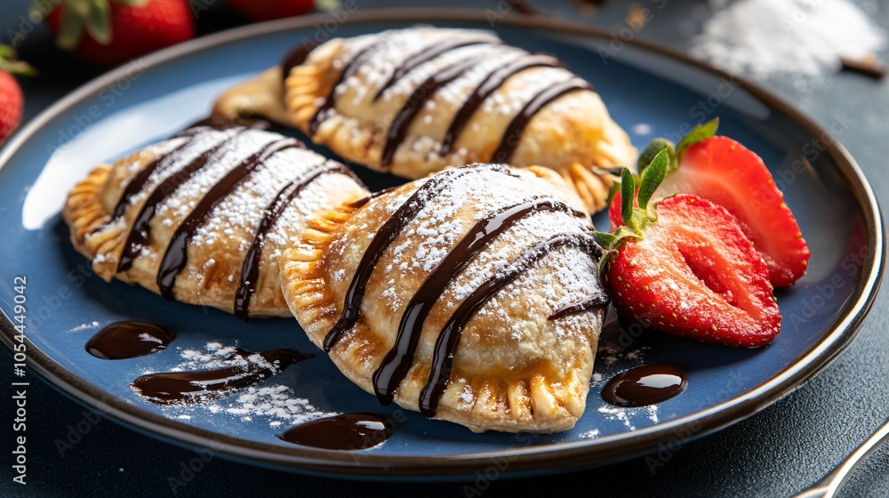 Mini dessert empanadas dusted with powdered sugar, isolated on a blue ceramic plate, with fresh strawberries and a drizzle of chocolate Mini dessert empanadas dusted with powdered sugar, isolated on a blue ceramic plate, with fresh strawberries and a drizzle of chocolate