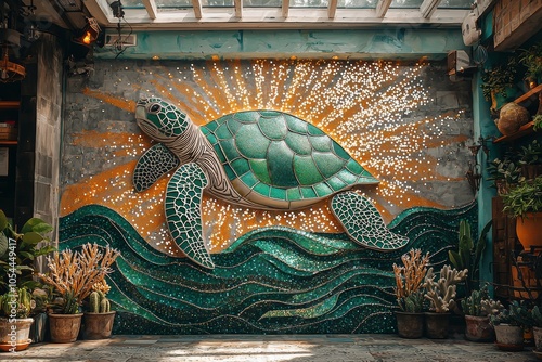 Vibrant mosaic sea turtle artwork on display in a sunlit indoor garden