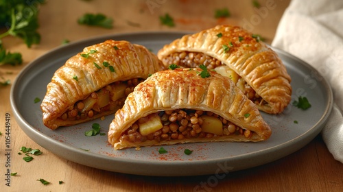 Spiced lentil and potato empanadas, served on a gray ceramic plate, isolated on a wooden surface, with a sprinkle of paprika and parsley garnish photo