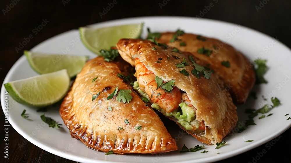 Spicy shrimp and avocado empanadas, placed on a white plate, isolated on a dark background, with lime wedges and chopped cilantro Spicy shrimp and avocado empanadas, placed on a white plate, isolated on a dark background, with lime wedges and chopped cilantro