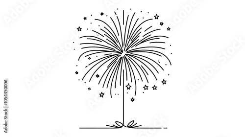 One continuous line illustration of fireworks, isolated on white background.