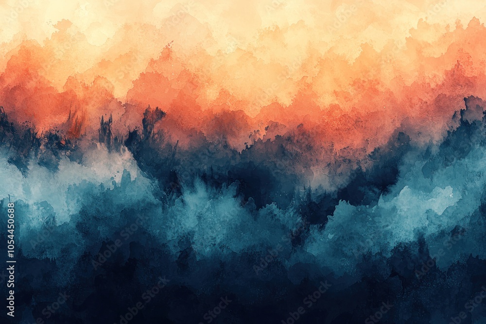 Abstract Watercolor Painting of a Mountainous Landscape with Warm and Cool Tones Abstract Watercolor Painting of a Mountainous Landscape with Warm and Cool Tones
