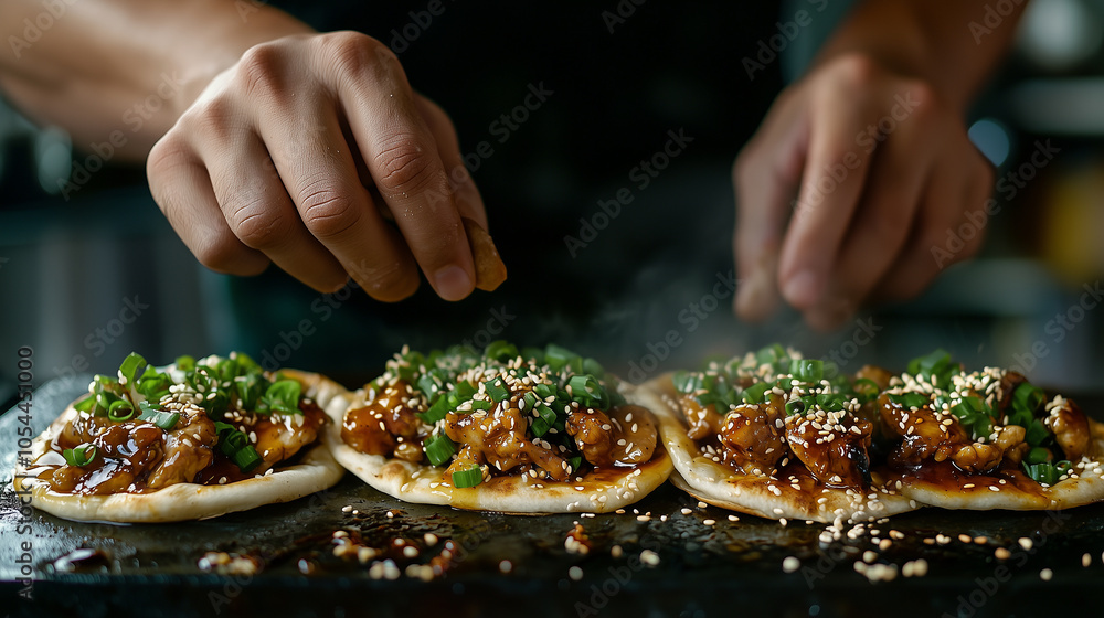 Street Vendor Preparing Teriyaki Chicken Flatbreads with Sesame and Scallions Street Vendor Preparing Teriyaki Chicken Flatbreads with Sesame and Scallions