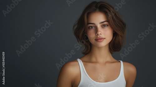 Beautiful woman in white T-shirt Female breast dark background