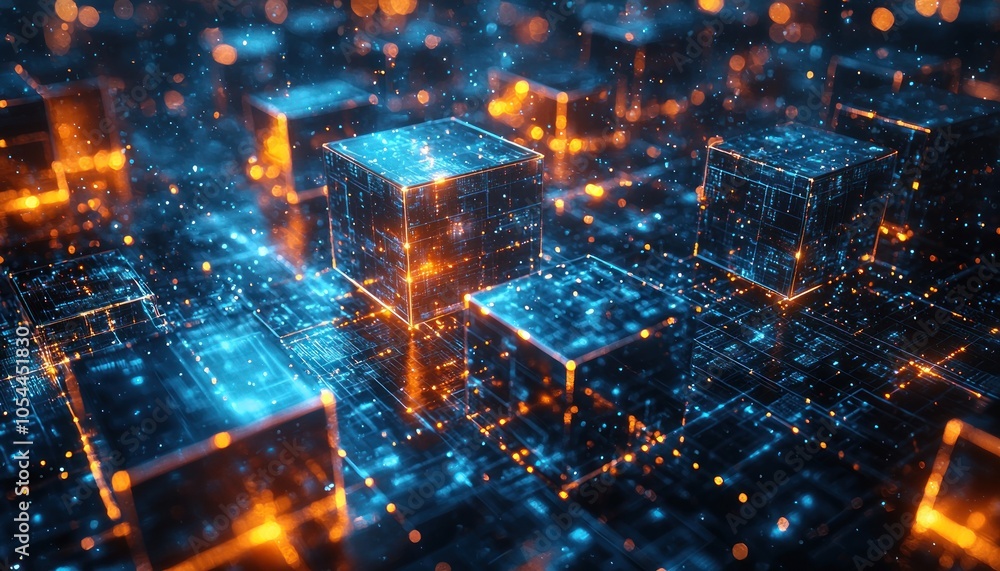 Glowing Cubes and Circuitry in a Digital Landscape Glowing Cubes and Circuitry in a Digital Landscape