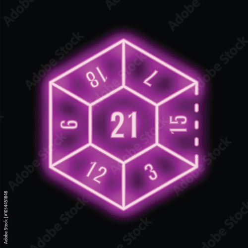 Glowing neon purple twenty sided dice on a black background is landing on twenty one