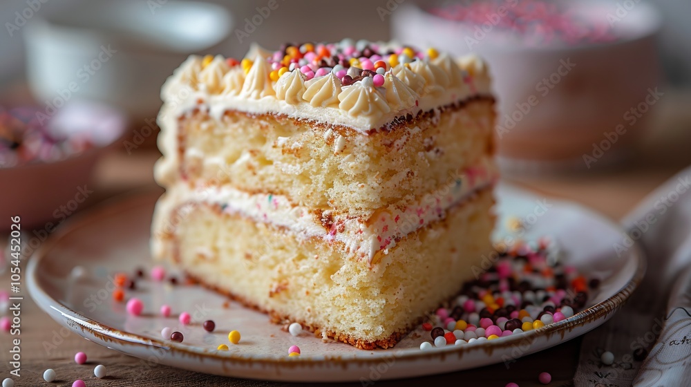 A Slice of Vanilla Cake with Sprinkles and White Frosting A Slice of Vanilla Cake with Sprinkles and White Frosting