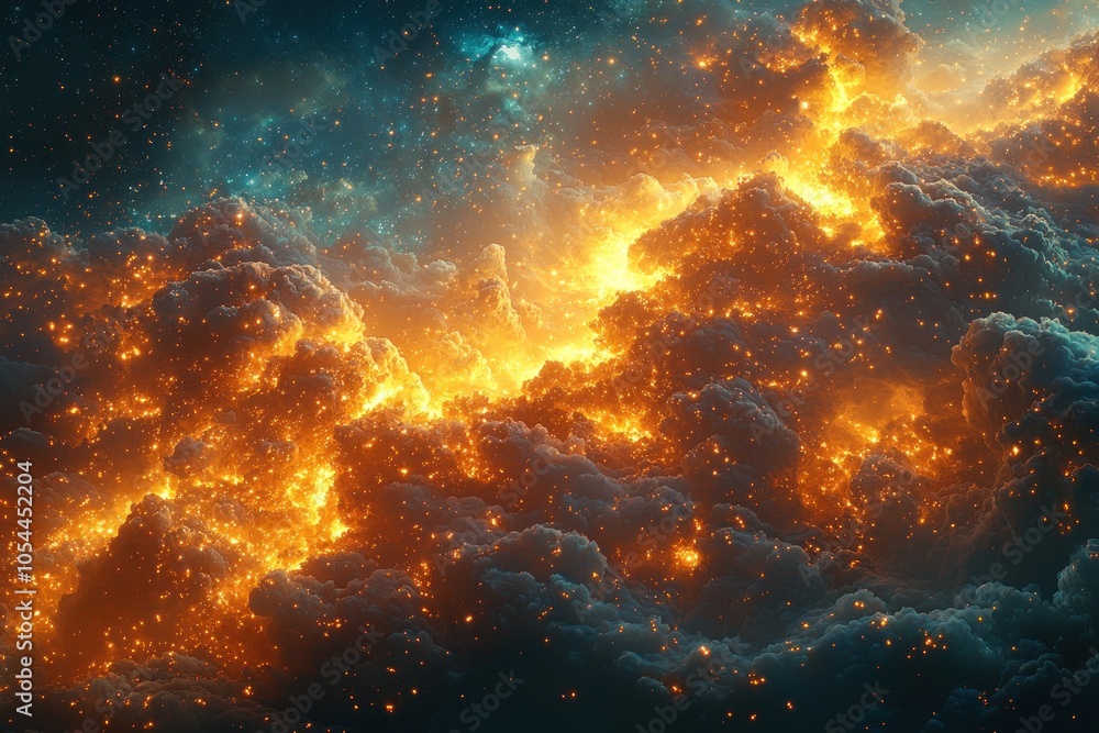 Fototapeta premium Fiery Nebula with Glowing Dust and Stars